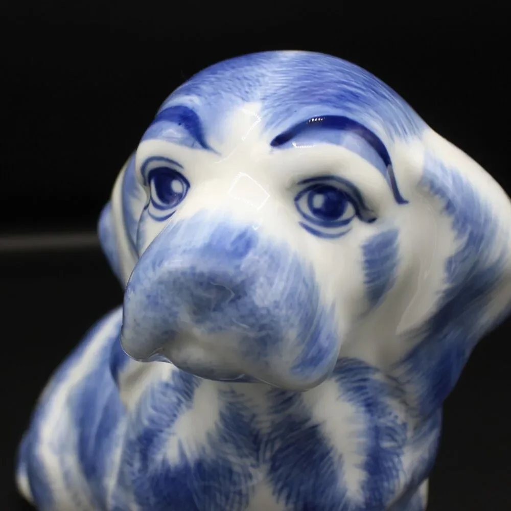 Vintage Blue White Ceramic Dog Figurine Glossy Glaze Cocker Basset Animal Decor